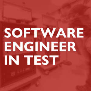 A red square with an electrical test system in the background. The foreground shows the words "Software Engineer in Test" in large white letters.